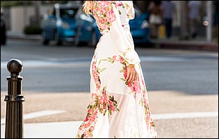 Alex Grey in beautiful long dress and high heels posing outdoor