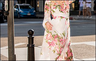 Alex Grey in beautiful long dress and high heels posing outdoor