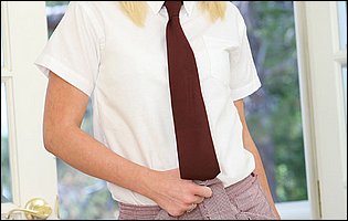 Jocelyn Jayden in school uniform strips for camera