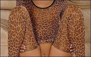 Priscilla in sexy leopard outfit fucking three guys at once