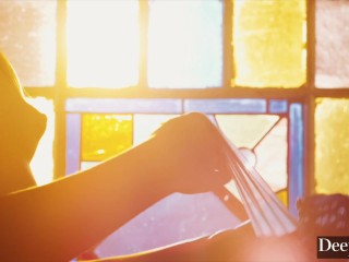 Avi Love in sexy corset and stockings getting banged hard by two guys